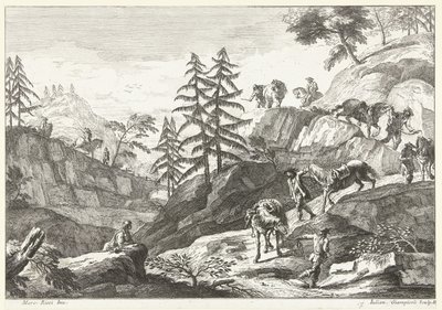 Mountain Landscape with Riders Leading Horses Downhill by Giuliano Giampiccoli