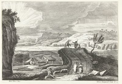 Hilly Landscape with Pilgrims on the Road and Setting Sun by Giuliano Giampiccoli