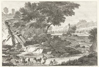 Landscape with Shepherds and Cattle by a Waterfall Italian Landscapes (series title) by Giuliano Giampiccoli