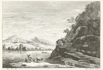 River Landscape with House against Rock (series title: Italian Landscapes) by Giuliano Giampiccoli