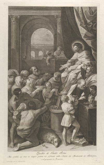 Saint Job seated at right receiving the gifts of the people by Giuliano Traballesi