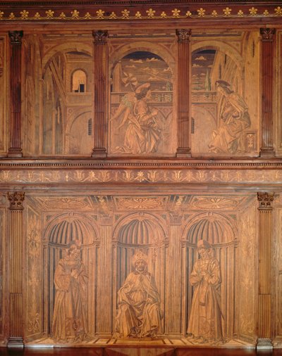 Post restoration cupboards in the North Sacristy depicting the Annunciation and a Bishop Enthroned by Giuliano da Maiano