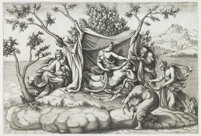 Latona Giving Birth to Apollo and Diana, engraved by Diana Mantovana by Giulio (after) Romano