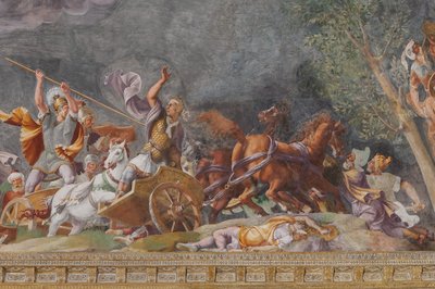 Detail representing a battle, The Trojan Horse, Chamber of Troy by Giulio (and workshop) Romano