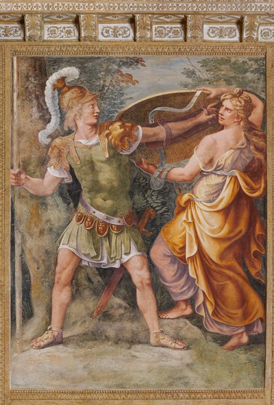 Thetis Giving Achilles the Weapons Forged by Hephaestus, The Trojan Horse, Chamber of Troy by Giulio (and workshop) Romano