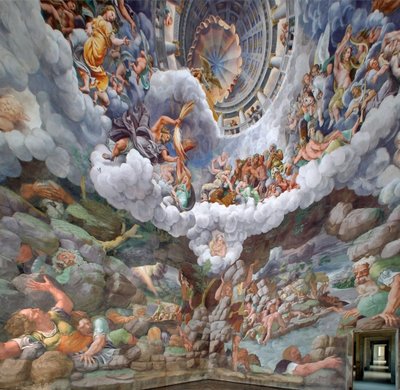 Zeus surrounded by other gods of Olympus throwing lightnings against the Giants and destructing them, vault and the South and West walls, Chamber of the Giants by Giulio (and workshop) Romano