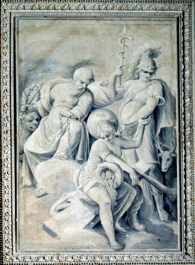 Allegory of Prudence and Value holding enchained Fortune by Giulio Ballino