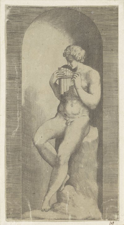 Naked Man with Pan Flute in a Niche by Giulio Bonasone (possibly)