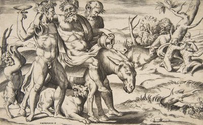 A drunken Silenus riding an ass being supported by satyrs by Giulio Bonasone
