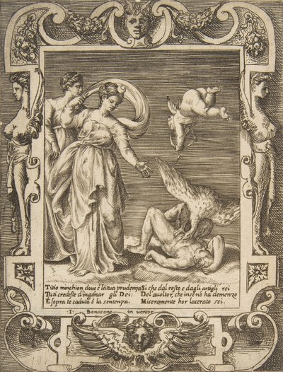 A vulture eating the innards of Titius, Cupid above two women to the left, set within a frame, 1531-76 by Giulio Bonasone