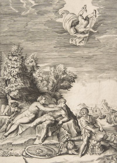 Calypso trying to detain Ulysses as a child prepares his armour at right and Mercury faints by Giulio Bonasone