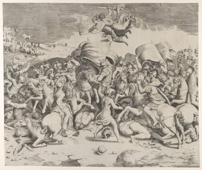 Constantine defeating the tyrant Maxentius, angels carrying swords fly above, 1544 by Giulio Bonasone