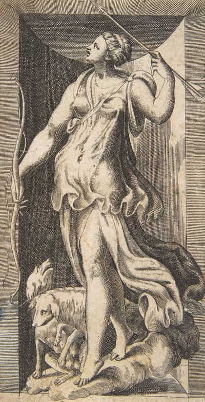 Diana the Huntress Accompanied by Her Dogs Standing in a Niche by Giulio Bonasone