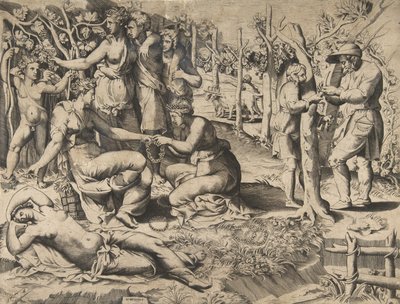 Flora in the centre passing a wreath to another woman, surrounded by other figures, mid-16th century by Giulio Bonasone
