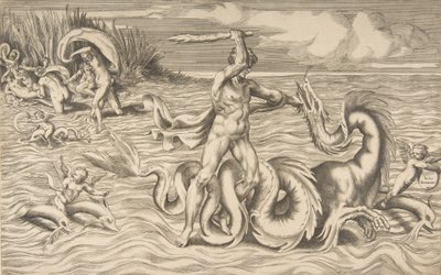 Hercules Fighting a Dragon in the Centre, Achelous Carrying Off Deianeira Upper Left by Giulio Bonasone