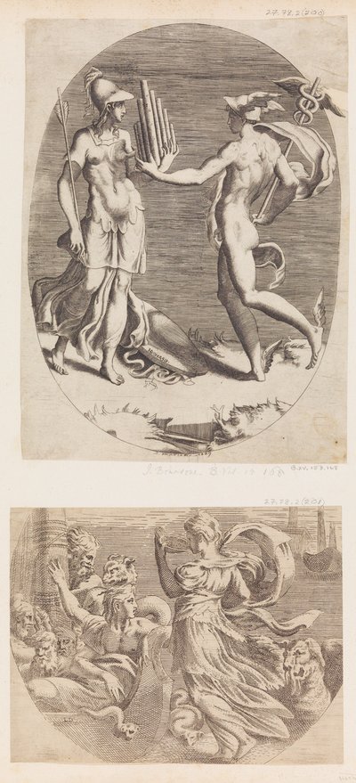 Mercury Presenting a Panpipe to Minerva by Giulio Bonasone