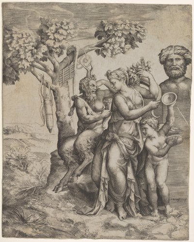 Pan Seated Near a Female Figure Holding a Cornucopia, a Nymph or Pomona by Giulio Bonasone