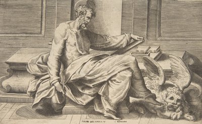 Saint Mark writing his gospel, winged lion at the right by Giulio Bonasone