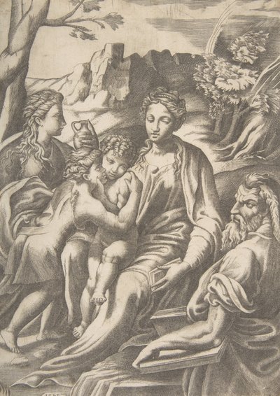 The Holy Family with Mary Magdalene and John the Baptist who Embraces Christ, 1543 by Giulio Bonasone