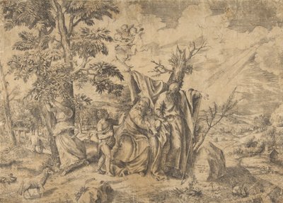 The Rest on the Flight into Egypt, Joseph at Right, the Virgin Holds the Christ Child, 1531-76 by Giulio Bonasone