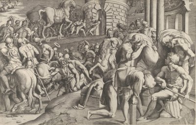 The Trojans hauling the wooden horse into Troy by Giulio Bonasone