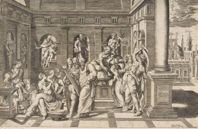 The birth of Saint John the Baptist set within a classical building by Giulio Bonasone