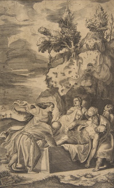 The entombment of Christ, the crosses on Calvary visible in left background by Giulio Bonasone