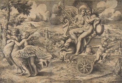 The triumph of Cupid and Psyche who are seated on a chariot drawn by two birds, ca. 1550-67 by Giulio Bonasone