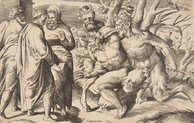 Two Satyrs Bringing Silenus, King Midas Standing at the Left by Giulio Bonasone