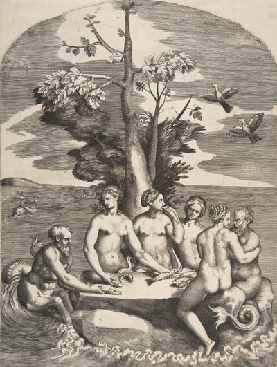 Two sea gods accompanied by four nymphs, 1531-76 by Giulio Bonasone