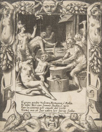 Vulcan, Neptune, Athena and Other Gods Making Shackles to Pull Jupiter from the Heavens by Giulio Bonasone