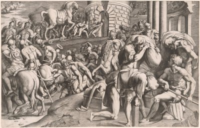 The Trojans Hauling the Wooden Horse into Troy by Giulio Bonasone, after Francesco Primaticcio