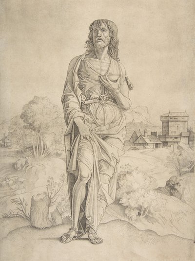 Saint John the Baptist Standing in Landscape, Figures and Buildings in the Background, ca. 1505-10 by Giulio Campagnola