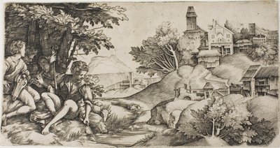 Shepherds in a Landscape by Giulio Campagnola