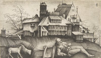 The Old Shepherd Lying in a Landscape, Buildings Behind, a Goat and a Sheep, ca. 1500-1515 by Giulio Campagnola