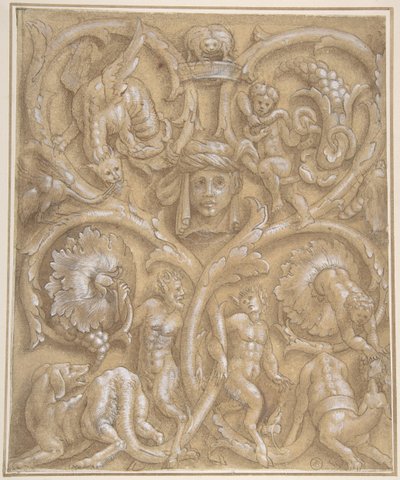 Design for an Ornamental Panel with Rinceaux, Satyrs, Putti, Monsters and a Human Head, 1535-45 by Giulio Campi.