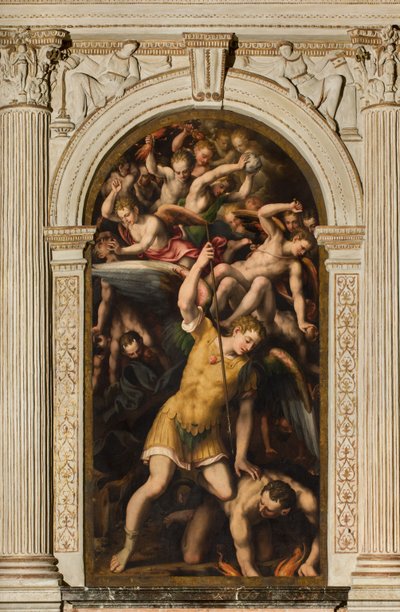North Transept, Altar of St. Michael the Archangel, Archangel Michael Killing the Evil One, Giulio Campi 1566 by Giulio Campi