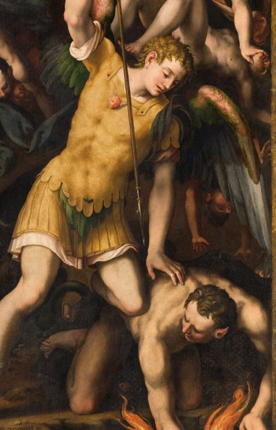 North Transept, Altar of St. Michael the Archangel, Archangel Michael killing the evil one (detail) by Giulio Campi