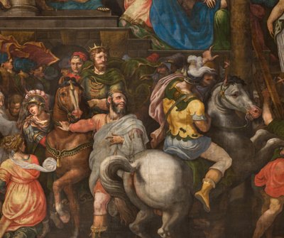 Wall opposite the counterfacade of the south transept, Giuseppe Campi, Triumph of Mordecai 1567 (detail lower part) by Giulio Campi