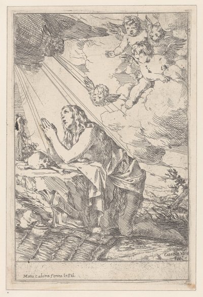 The Penitent Saint Mary Magdalene, kneeling before a skull and bones by Giulio Carpioni