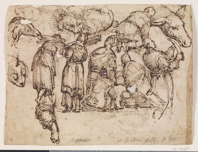 Various Studies for a Total of 7 People. Including Women Carrying Bundles, a Man with a Knife, and Studies of a Donkey