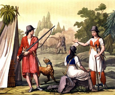 Buccaneers and women pirates: the pirate Jack Rackham also known as Calico Jack represented with Anne Bonny and Mary Read in the West Indies. Plate from 