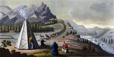 Sami Landscape: Indigenous People Living in the Lands of the Northern Countries (Norway, Finland, Sweden and Russia) Making Wicker Baskets, Cleaning the Fish Near a Tent. in 