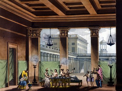 Triclinium Lit Oil Lamps in Ancient Greece: Banquet Scene - in 