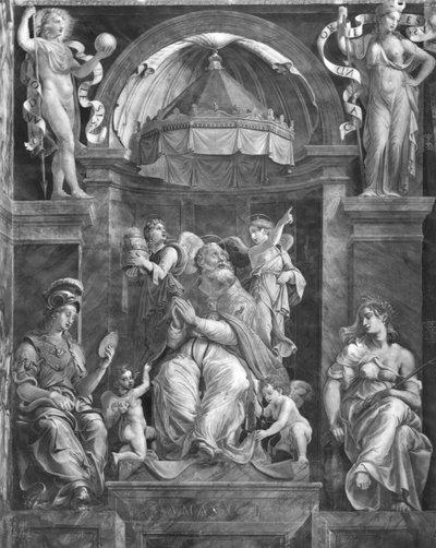Pope Damasus I (c.304-384) between Prudence and Peace, Raphael Rooms by Giulio Romano