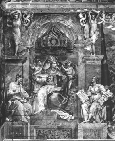 Pope Sylvester I (314-335) between Faith and Religion, Raphael Rooms by Giulio Romano