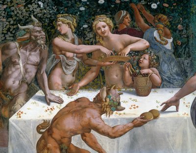 Wedding feast or Banquet of gods, fresco by Giulio Romano, west wall of Chamber of Cupid and Psyche, Palazzo Te, Mantua, Lombardy, Italy by Giulio Romano
