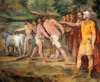 Romulus marking limits of Rome, by Giuseppe Cesari, fresco, Hall of Horatii and Curiatii, Conservatories Palace, Rome, Roman Kingdom, Italy by Giuseppe Cesari