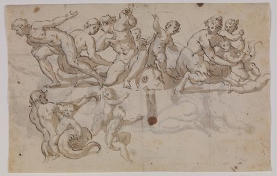 Seahorses, Tritons, and Putti Riding on Dolphins by Giuseppe Alabardi