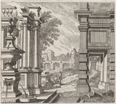 Architectural Fantasy with a Fountain, Classical Ruins, and a Bridge by Giuseppe Antonio Landi